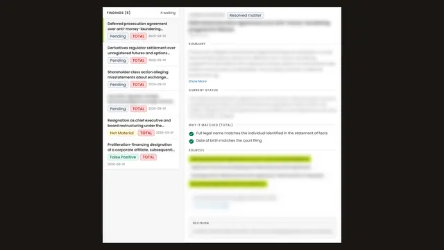 Test findings titled as reported, each with its status, and why one matched. Names, summaries and sources are blurred.
