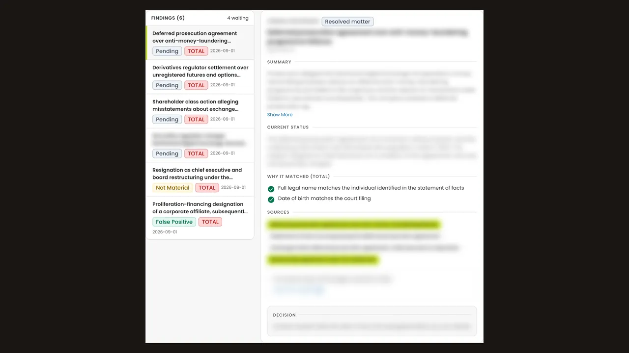 Test findings titled as reported, each with its status, and why one matched. Names, summaries and sources are blurred.
